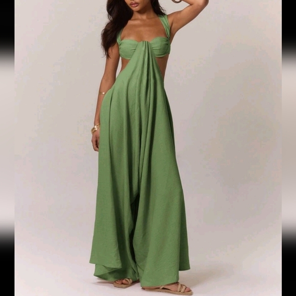 Boho Ruched Bust Extreme Wide Leg Jumpsuit Summer Vacation - Picture 3 of 4